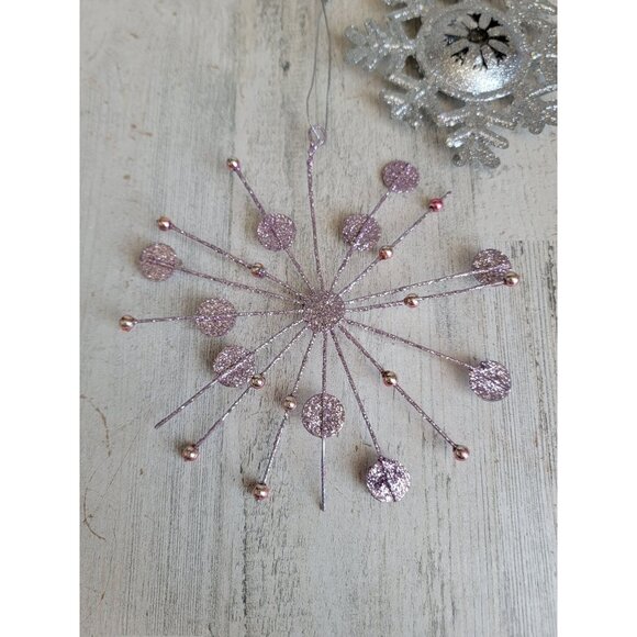Glitter pink silver snowflake ornament Xmas set - Picture 2 of 8